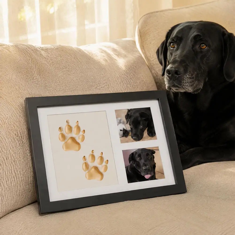 Kit huella Pawmento: marco negro con las huellas doradas de un perro y dos fotos